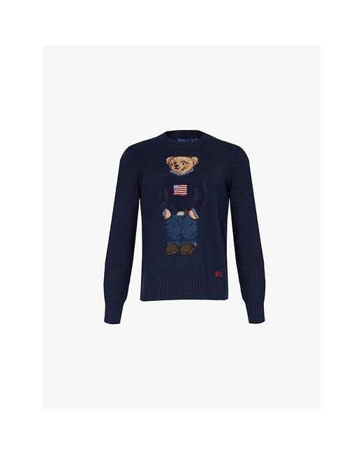 Polo Ralph Lauren Blue Polo Bear-Intarsia Regular-Fit Cotton And Linen-Blend Jumper