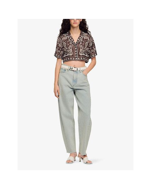 Sandro Brown Bandana-Print Cropped Satin Shirt