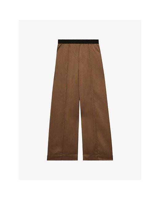 Reiss Brown Elsie Elasticated-Waist Wide-Leg Satin Trousers