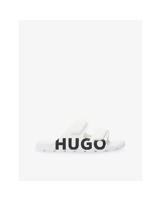 HUGO White Brand-Print Rubber Sliders for men