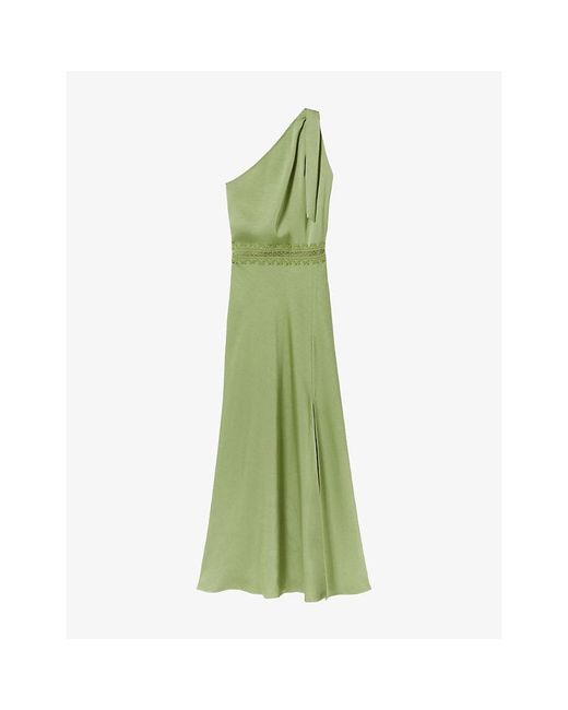 Claudie Pierlot Green One-Shoulder Lace-Trim Satin Maxi Dress