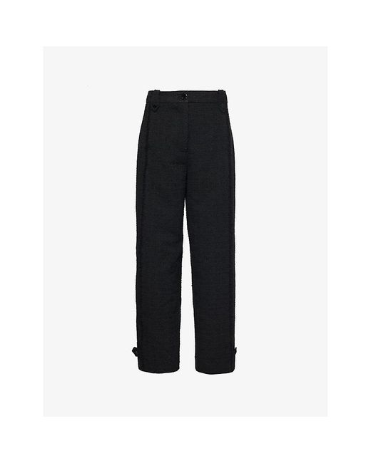 Ganni Black Boucle Suiting Two-Slip-Pockets Straight-Leg High-Rise Organic-Cotton Blend Trousers