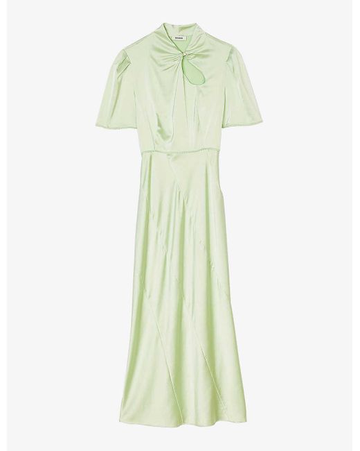 Sandro Green Teardrop-embellished Puff-sleeve Stretch-satin Maxi Dress