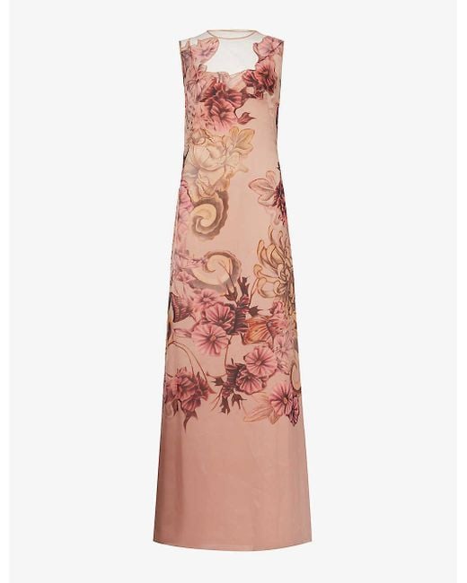 Alberta Ferretti Pink Floral-pattern Slim-fit Silk-chiffon Maxi Dress