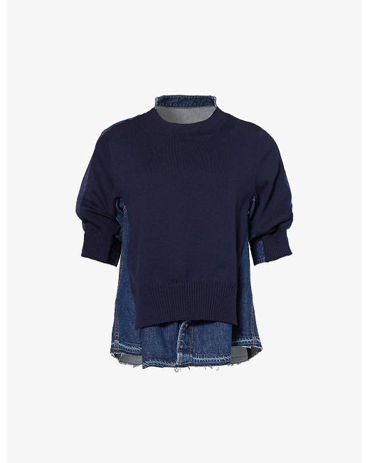 Sacai Blue Raw-hem Denim And Knitted Relaxed-fit Top