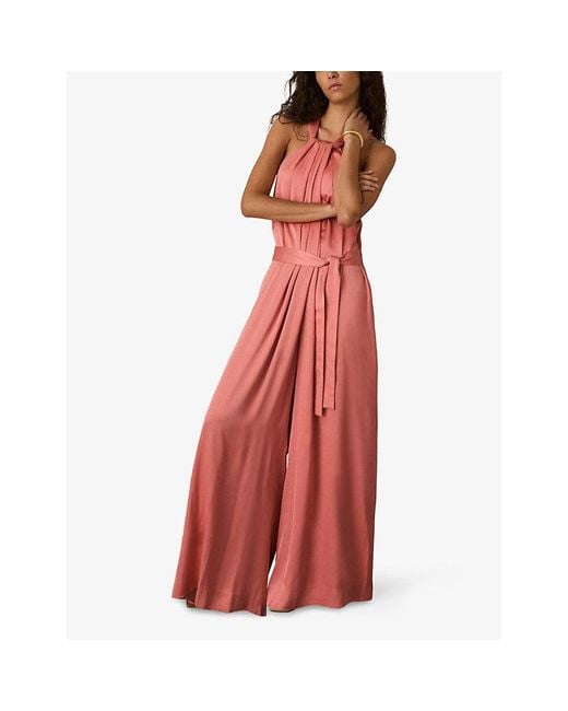 Reiss Pink Rosin Wide-Leg Satin Jumpsuit