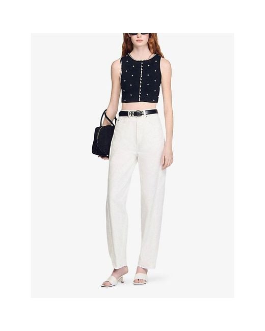 Sandro Blue Rhinestone-Embellished Cropped Knitted Top