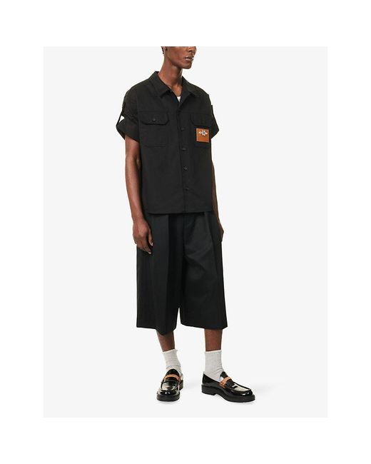 Simone Rocha Black Military Jewel Leather-Patch Cotton Shirt for men