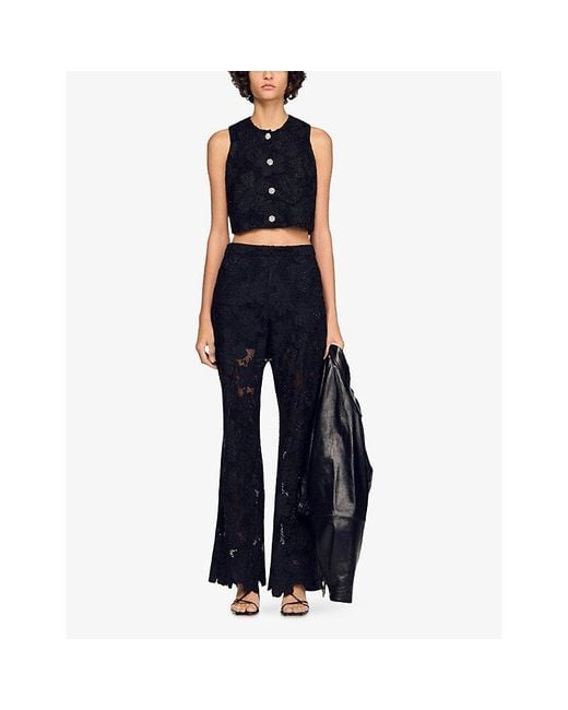 Sandro Black Floral Flared Lace Trousers
