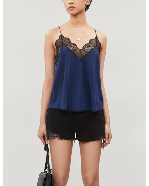 Zadig & Voltaire Christy Lace-trim Silk Camisole Top in Blue