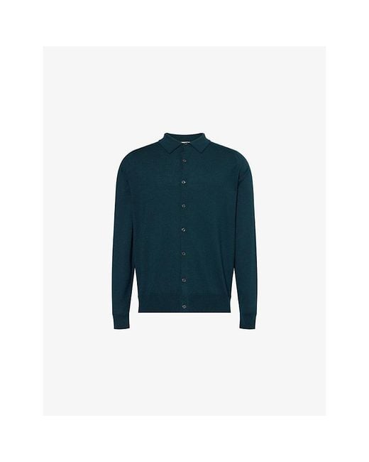 John Smedley Blue Tibor Button-Down Cotton Knitted Shirt for men