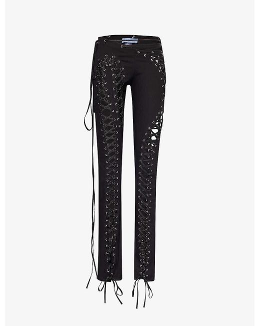 DI PETSA Black Siren Laced Straight-leg High-rise Stretch-cotton And Recycled-polyester Blend Trousers