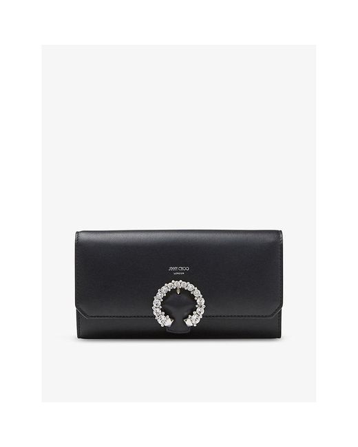 Jimmy Choo Black Crystal Embellished-buckle Leather Wallet-on-chain