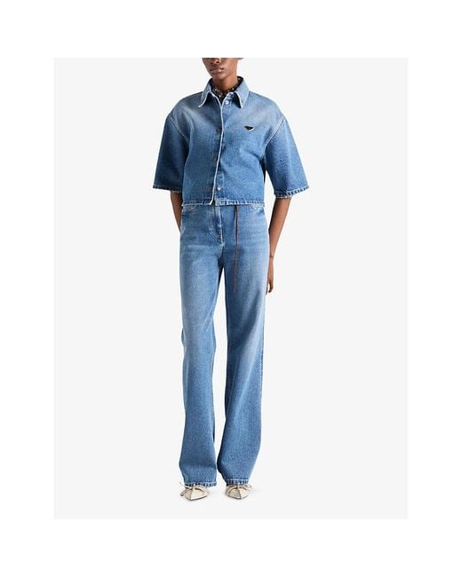 Prada Blue Triangle-Logo Cropped Denim Shirt