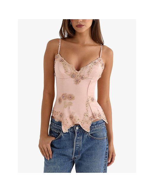 House Of Cb Pink Saloma Bead-Embellished Corset Top Xs (A-C Cup)
