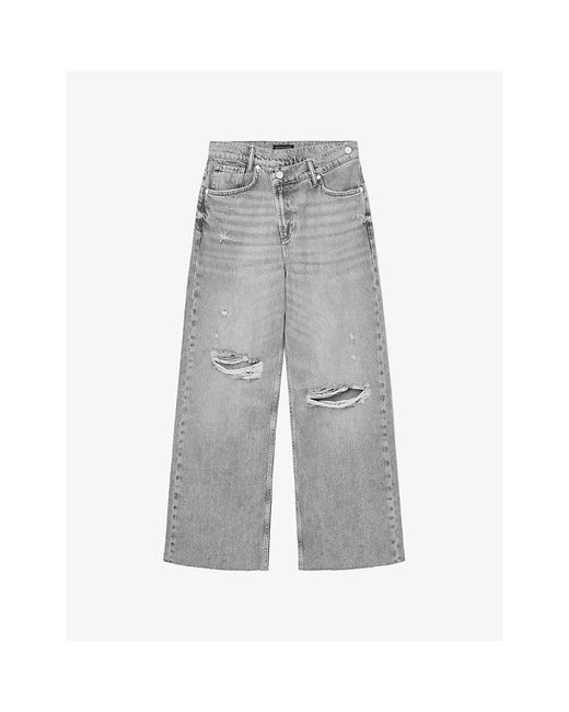 AllSaints Aki Crossover Wide-Leg Mid-Rise Jeans in Gray | Lyst