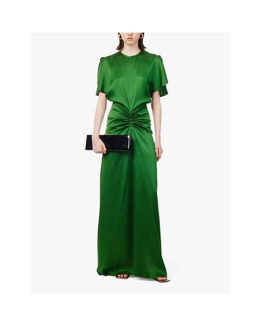 Victoria Beckham Green Round-neck Ruched Satin Maxi Dress