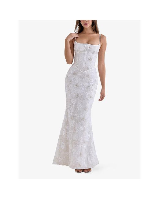House Of Cb White Naima Embellished Mesh Maxi Dress