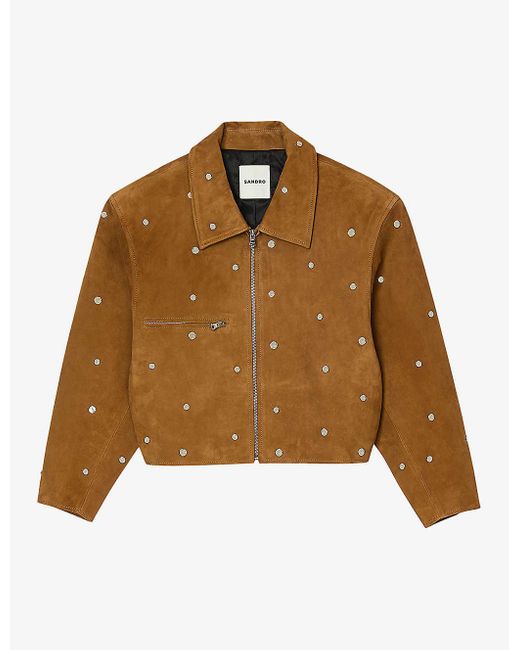 Sandro Brown Stud-embellished Cropped Suede Jacket