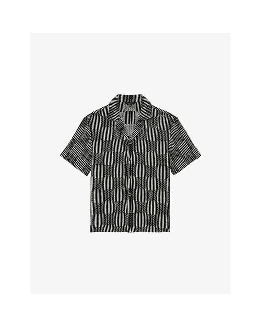 Reiss Gray Carlos Checkerboard Cuban-Collar Crochet Shirt for men