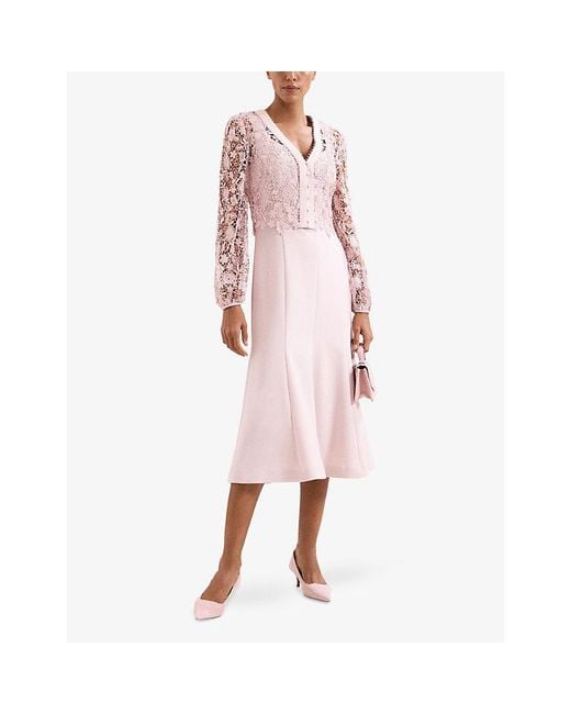 Phase Eight Pink Ayumi Lace-Embroidered Stretch-Woven Midi Dress