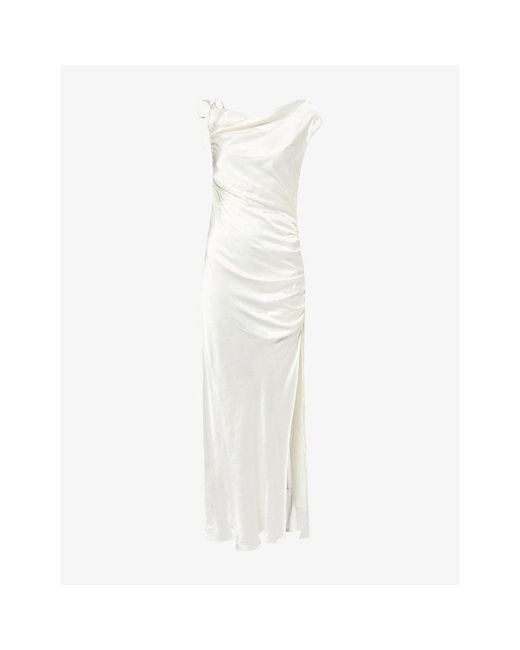 la lune asymmetrical gathered maxi dress - cream Shona Joy Draped Satin in White extra large Women Sleeveless Shift Dress, Color:SIENNA Strapless maxi dress with