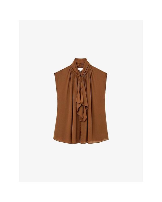Reiss Brown Lucy Ruffle-Neck Sleeveless Crepe-Chiffon Blouse