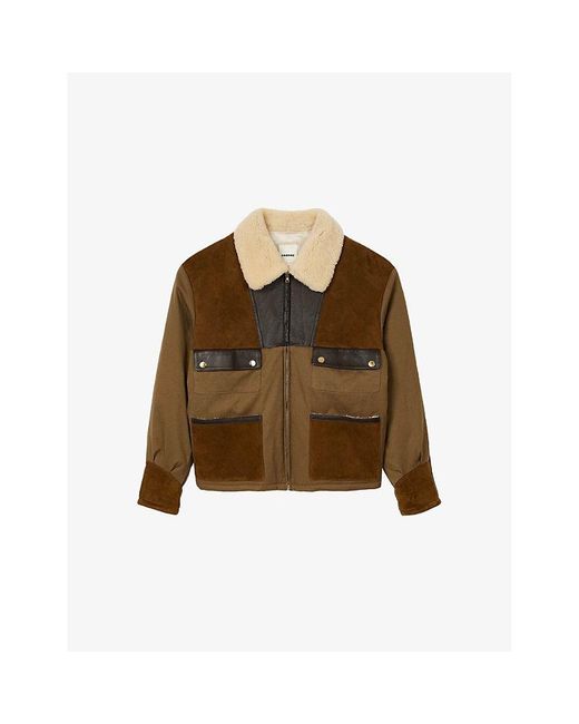 Sandro Brown Contrast-Panel Shearling-Collar Cotton And Leather Jacket