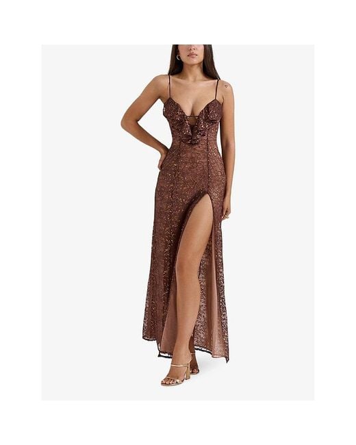 House Of Cb Brown Lucianna Lace-Embroidered Slim-Fit Woven Maxi Dress