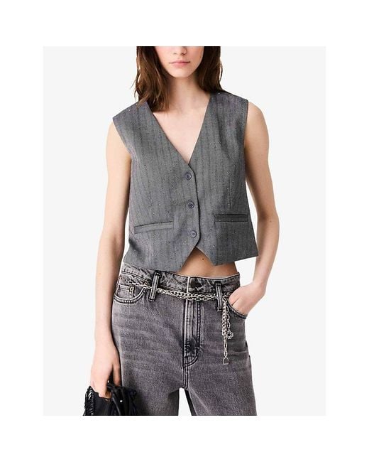 Maje Gray Tailored Rhinestone-Embellished Stretch-Woven Waistcoat