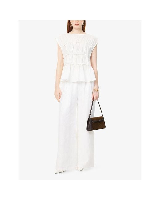 Dissh White Flynn Gathered Linen-Cotton Blend Top