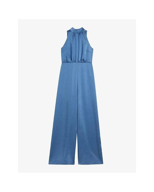 Ted Baker Blue Ambriaa Pussybow-tie Wide-leg Satin Jumpsuit