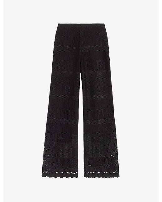 Maje Black Floral-crochet Wide-leg High-rise Stretch-knitted Trousers