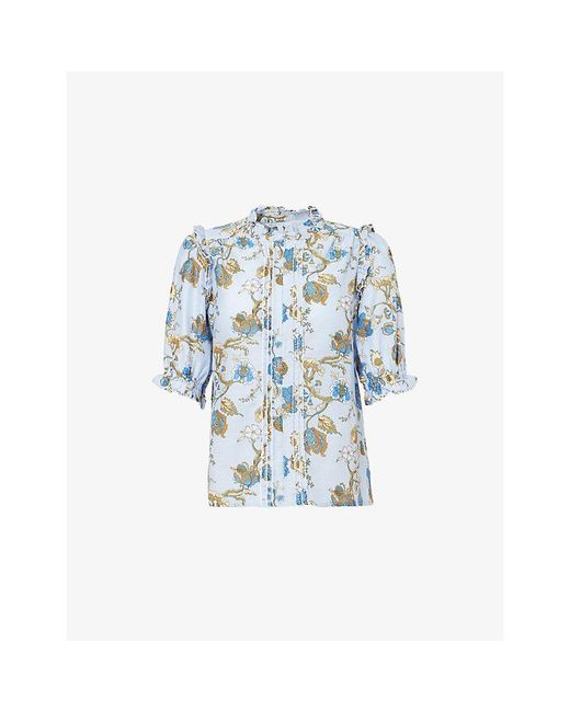 ME+EM Blue Floral-Print Cotton Blouse