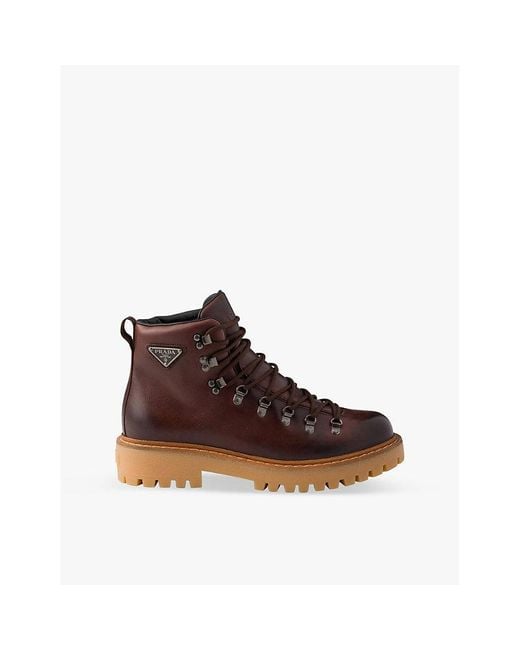 Prada Triangle-Plaque Lugged-Sole Leather Work Boots in Brown for Men ...