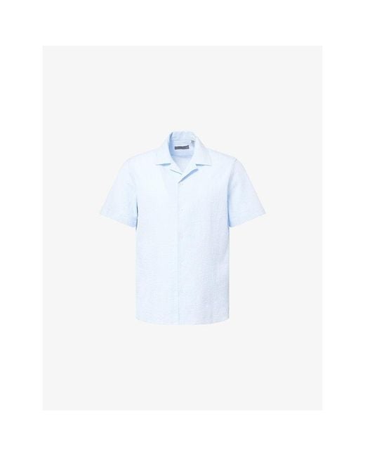 Corneliani Blue Seersuk Camp Short Sleeve Cotton Shirt for men
