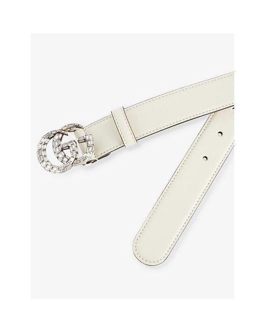 Gucci White Crystal-embellished Logo-buckle Leather Belt