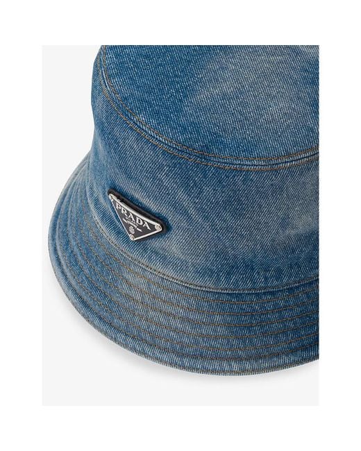 Prada Blue Brand-plaque Wide-brim Denim Bucket Hat