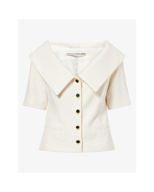 Alessandra Rich White Tweed Boucle Off-Shoulder Cotton Jacket