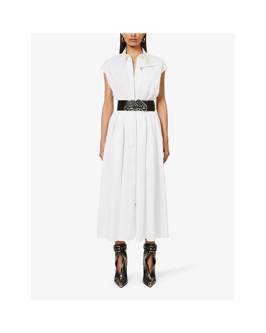 Alexander McQueen White Zip-through Sleeveless Cotton-poplin Shirt Dress