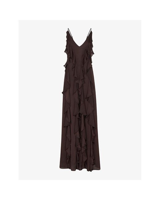 Whistles Purple Ruffled Plunging V-neck Recycled-viscose Maxi Dress