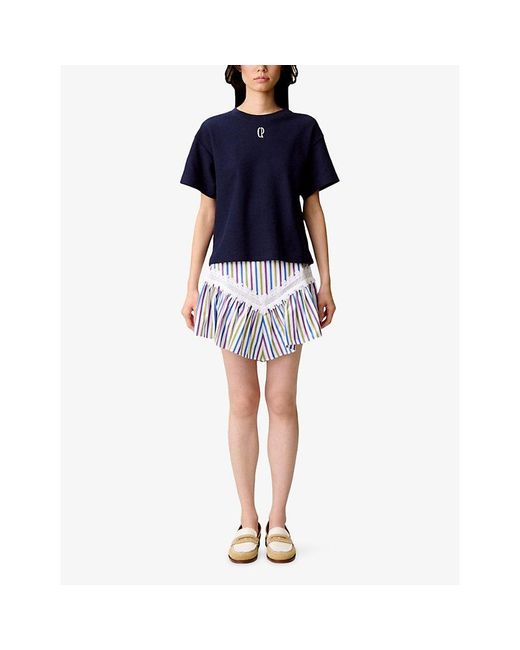 Claudie Pierlot Blue Striped Lace-Trim Cotton Mini Skirt