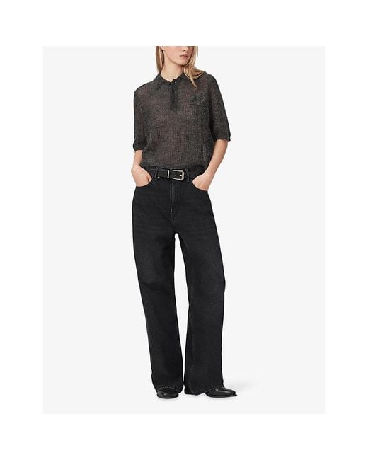 AllSaints Black Anabel Short-Sleeved Knitted Polo Top