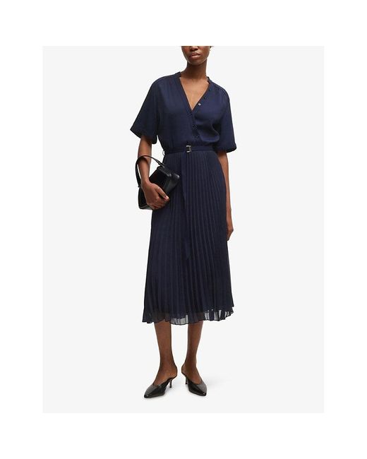 Boss Blue V-Neck Pleated-Skirt Woven Midi Dress
