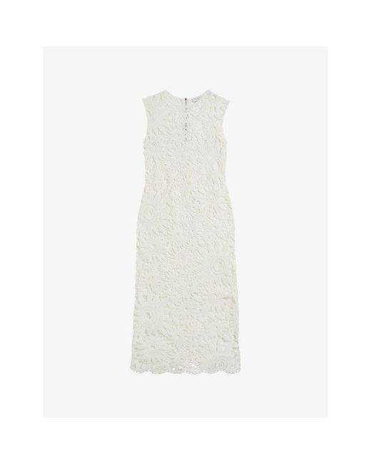 Ted Baker White Corha Floral-crochet Sleeveless Cotton-blend Midi Dress