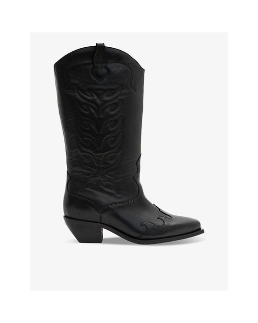AllSaints Black Dolly Embroidered-stitch Leather Western Boots
