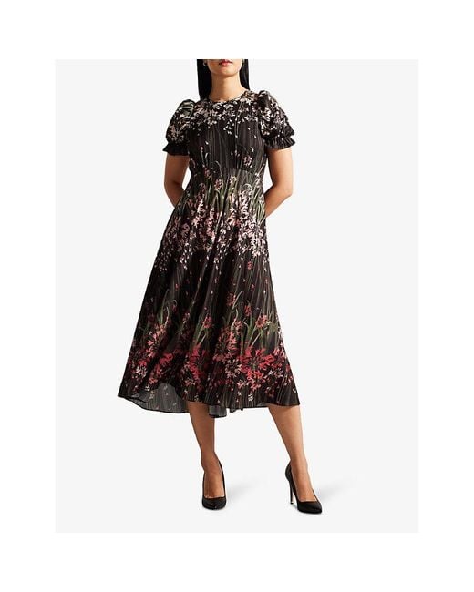 Ted Baker Black Ruched-sleeve Floral-print Woven Midi Dress