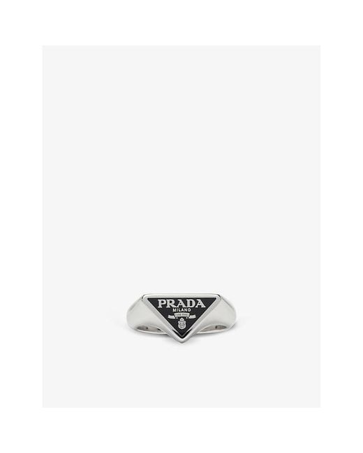Prada White Brand-plaque Sterling-silver Ring for men