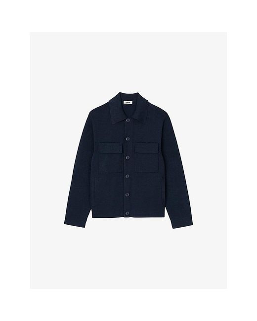 Sandro Blue Patch-Pocket Marl-Pattern Knitted Cardigan for men