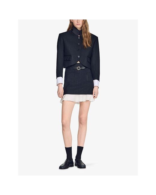 Sandro Blue Ruffled-Hem Belted Woven Mini Skirt
